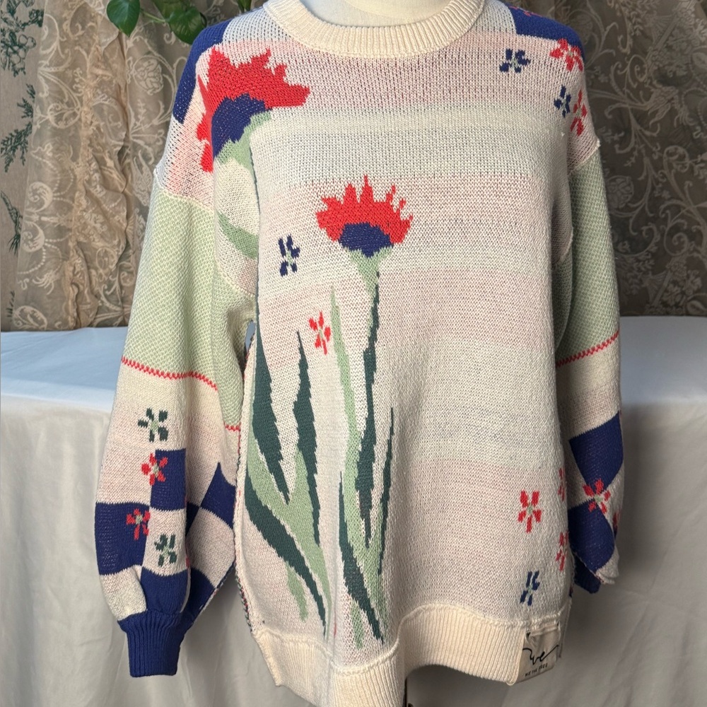 Free People Floral Knit Sweater in Cream, Red, and Purple